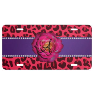 Monogram pink leopard  pink rose purple stripe license plate
