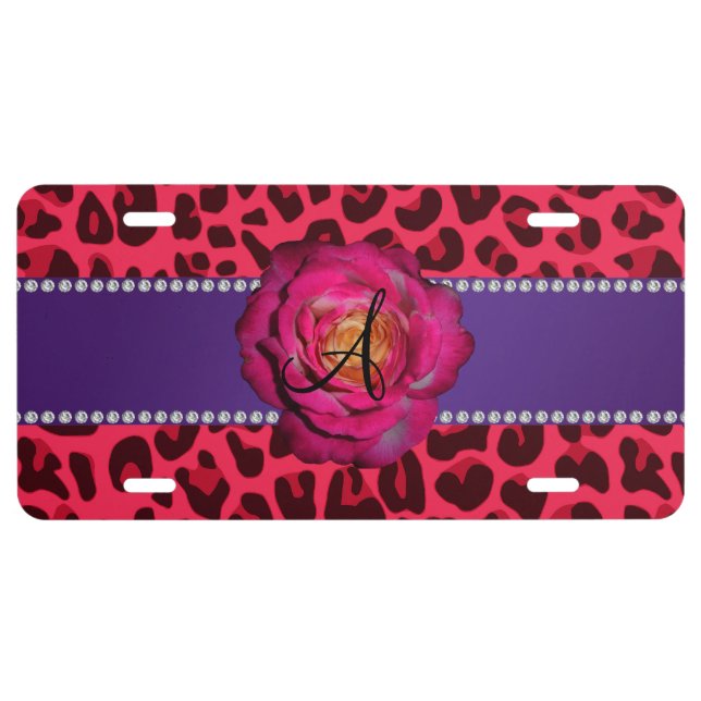Monogram pink leopard  pink rose purple stripe license plate (Front)