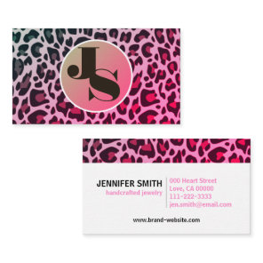 Monogram Pink Leopard Print Rockabilly Pattern  Business Card