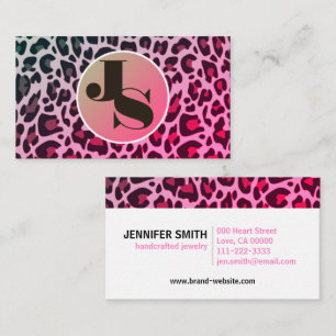 Monogram Pink Leopard Print Rockabilly Pattern Business Card
