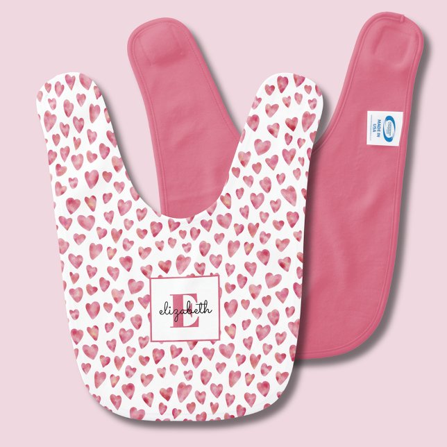 Monogram Pink Love Heart Watercolor Pattern Baby Bib (Cute pink watercolor love heart baby bib with initial and first name. Matching range available.)