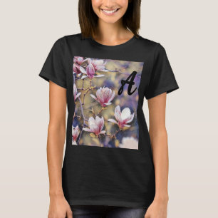 Monogram Pink magnolia branch watercolor purple T-Shirt