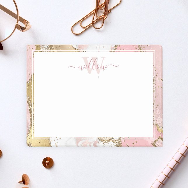Monogram Pink Marble Gold Foil Graphic Post-it Notes (Creator Uploaded)