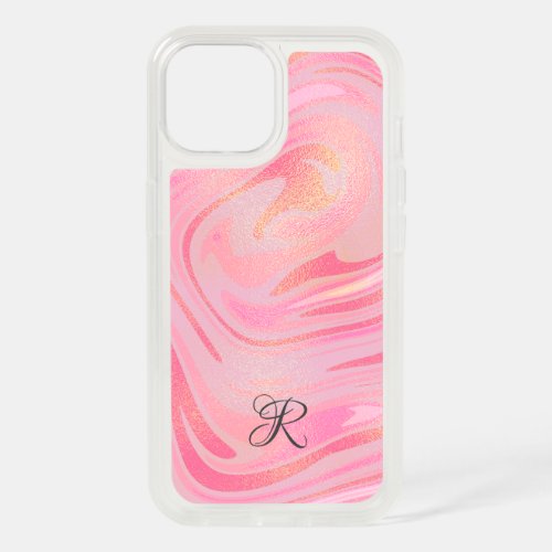 Monogram Pink Marble Swirl  Gold Glitter Otterbox iPhone 15 Case
