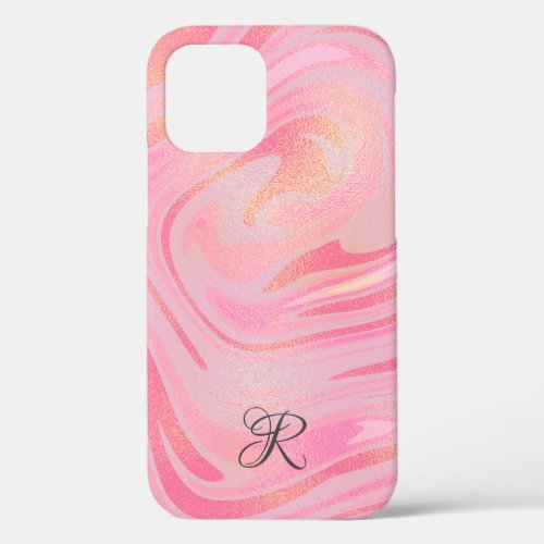 Monogram Pink Marble Swirl  Gold Glitter Pattern  iPhone 12 Case