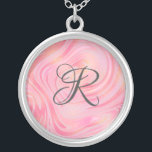 Monogram Pink Marble Swirl & Gold Glitter Pattern Silver Plated Necklace<br><div class="desc">Monogrammed Necklace with light pink and dark pink with flecks of gold glitter in this lovely marble swirl pattern.  Add your monogram to add that special touch.</div>