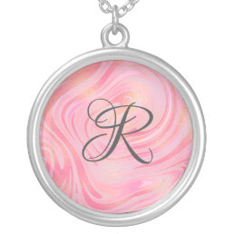 Monogram Pink Marble Swirl &amp; Gold Glitter Pattern Silver Plated Necklace