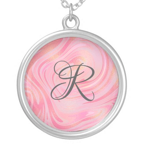 Monogram Pink Marble Swirl  Gold Glitter Pattern Silver Plated Necklace
