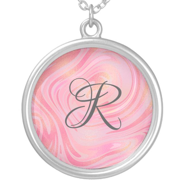 Monogram Pink Marble Swirl & Gold Glitter Pattern Silver Plated Necklace (Front)