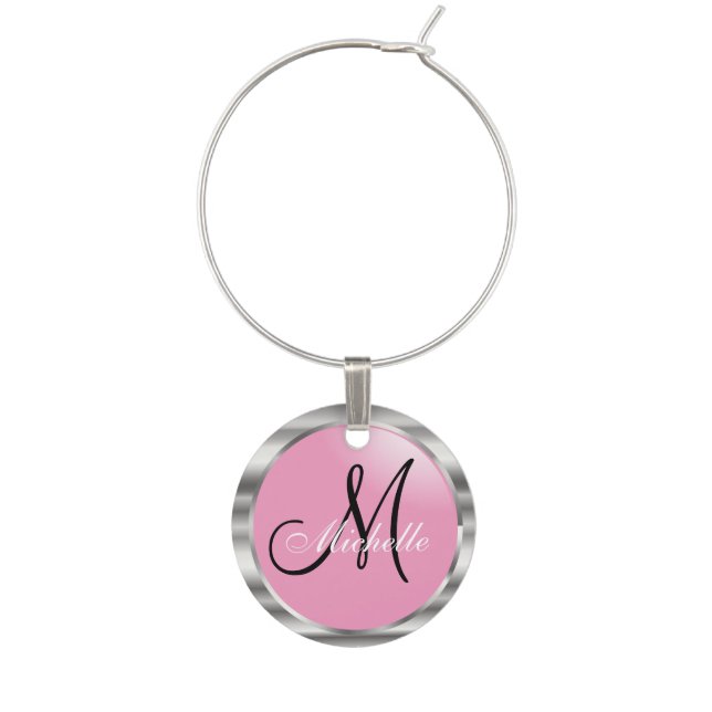 Monogram Pink & Metallic Silver Wine Charm (Front)
