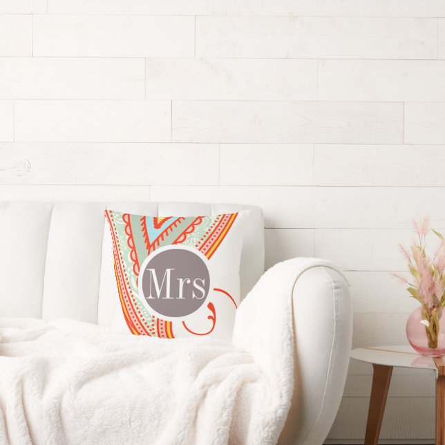 Monogram Pink Mint Taupe Modern Pattern Pillow (Couch)