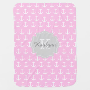 Monogram Pink Nautical Anchor Pattern Baby Blanket