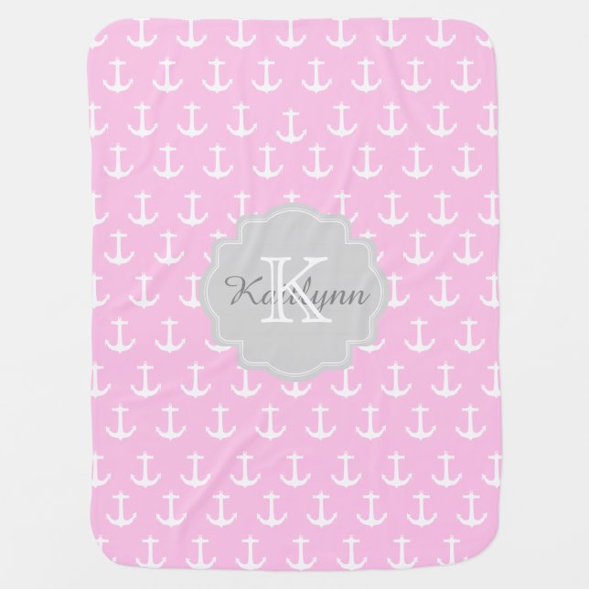 Monogram Pink Nautical Anchor Pattern Baby Blanket (Front)