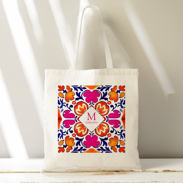 Monogram Pink orange blue bridal party favors Tote Bag (Monogram Pink orange blue bridal party favors Tote Bag)