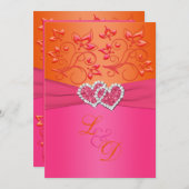 Monogram Pink, Orange Floral Joined Hearts Invite (Front/Back)