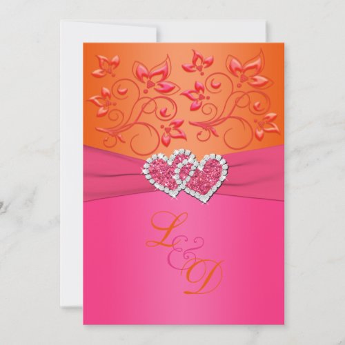 Monogram Pink, Orange Floral Joined Hearts Invite