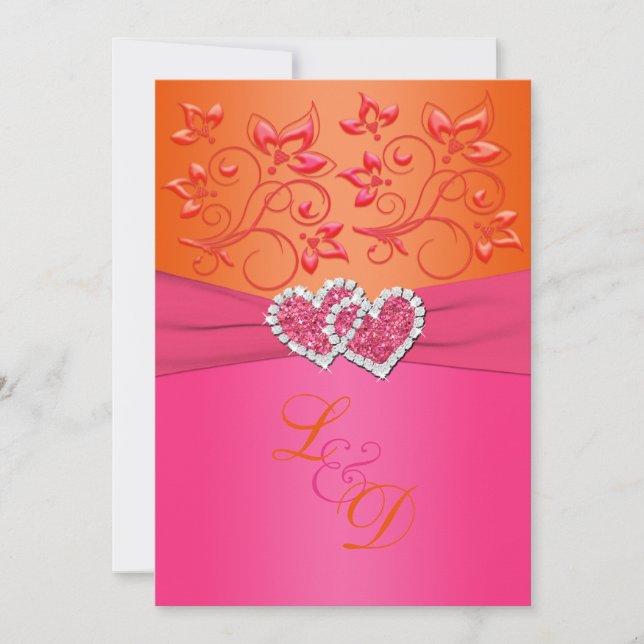 Monogram Pink, Orange Floral Joined Hearts Invite (Front)