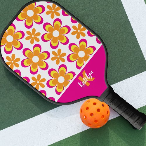 Monogram Pink Orange Groovy Flowers Pickleball Paddle