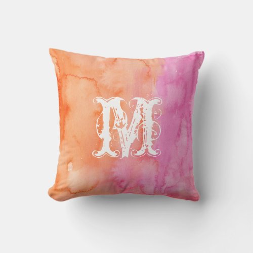 Monogram Pink Orange Initial Watercolor Pillow