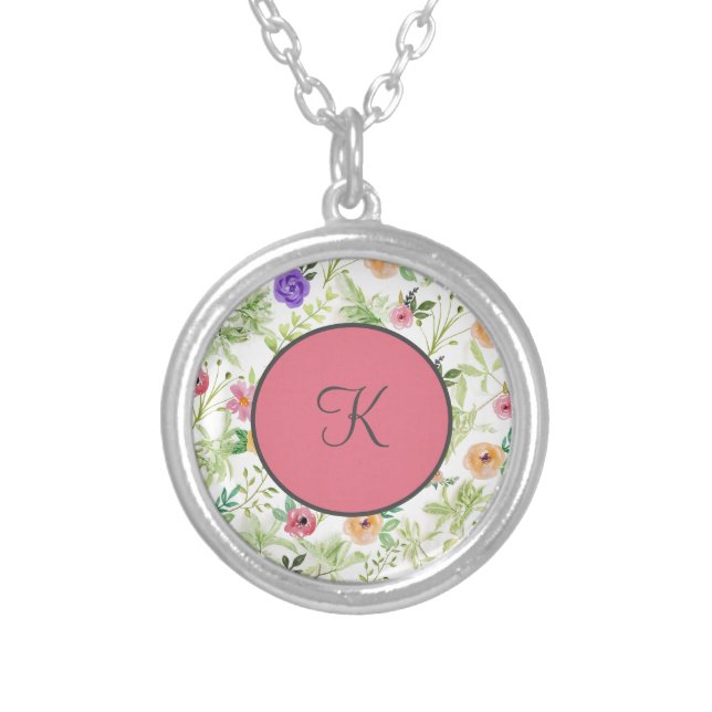 Monogram Pink Peach Green Purple Gray Floral Silver Plated Necklace (Front)