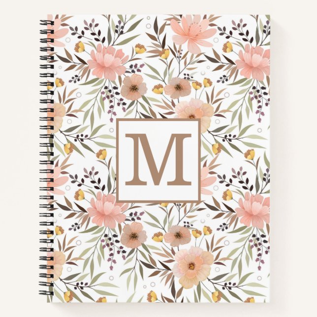 Monogram Pink Peach Olive Brown Floral Pattern Notebook (Front)