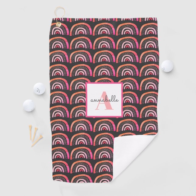 Monogram Pink Peach Rainbow Pattern Personalized Golf Towel (InSitu)