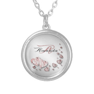 Monogram Pink Peach Shiny Hearts Geometric Elegant Silver Plated Necklace