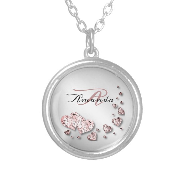 Monogram Pink Peach Shiny Hearts Geometric Elegant Silver Plated Necklace (Front)