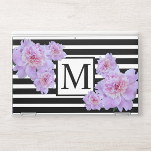 Monogram Pink Peony Flower Black Stripe HP Laptop Skin