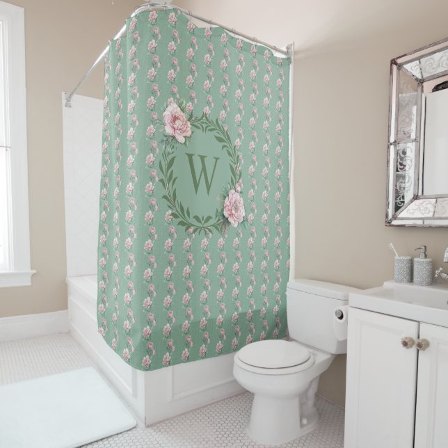 Monogram Pink Peony Watercolor Soft Green Shower Curtain (In Situ)