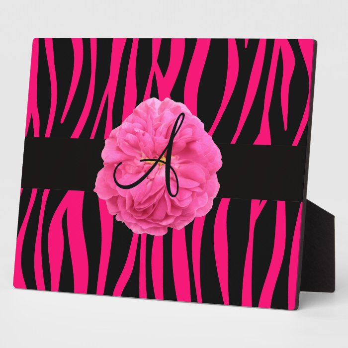 Monogram pink peony zebra stripes plaques