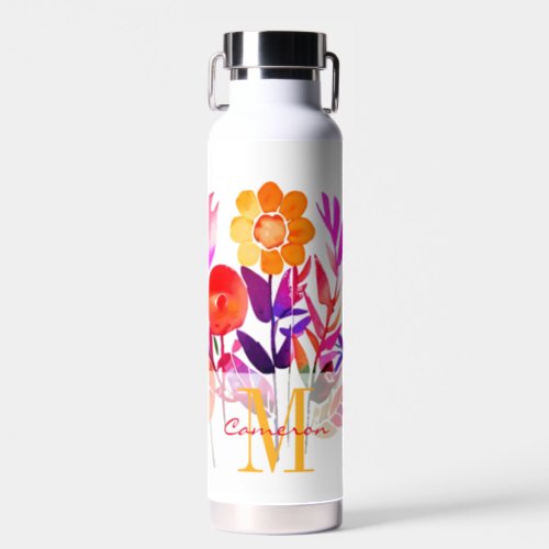 Monogram Pink Personalized flowers Water Bottle