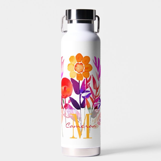 Monogram Pink Personalized flowers Water Bottle (Front)