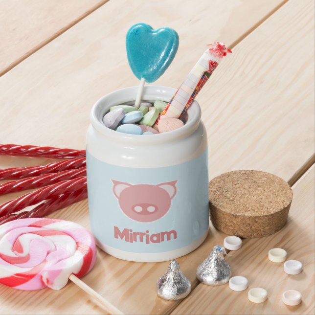 Monogram pink piglet on blue candy jar (In Situ)