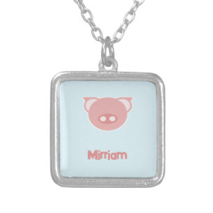 Monogram pink piglet on blue silver plated necklace