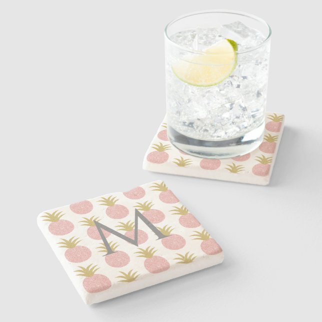 Monogram Pink Pineapple Stone Coaster (Side)