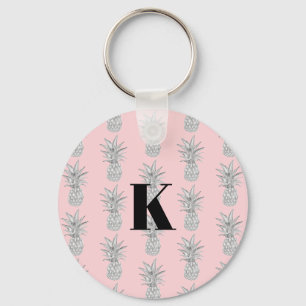Monogram Pink Pineapple Tropical Pattern Keychain
