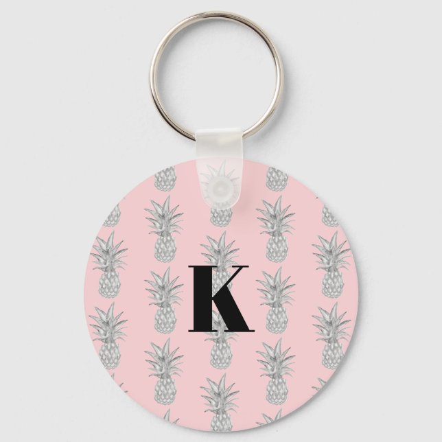 Monogram Pink Pineapple Tropical Pattern  Keychain (Front)