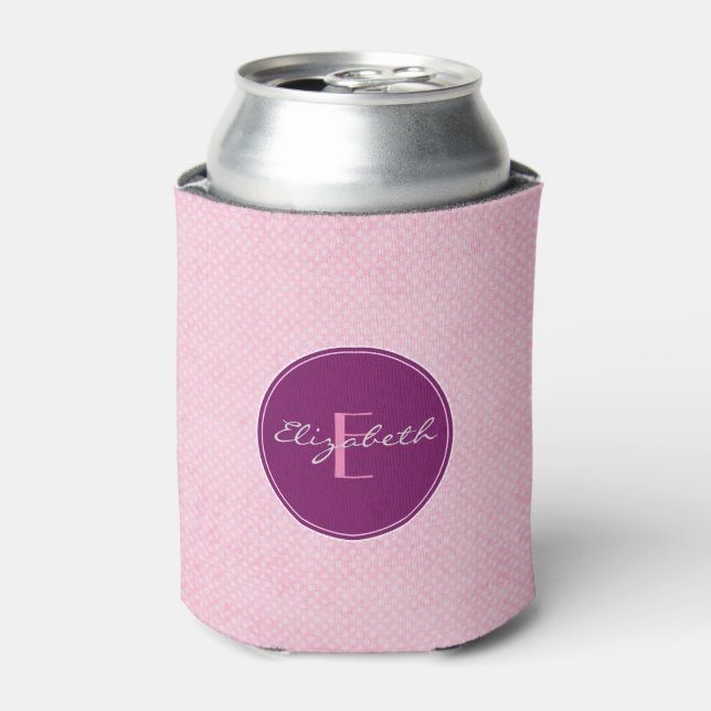 Monogram Pink Polka Dots Can Cooler (Can Front)