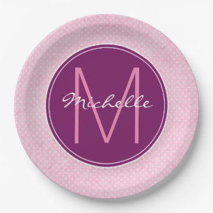 Monogram Pink Polka Dots Paper Plates
