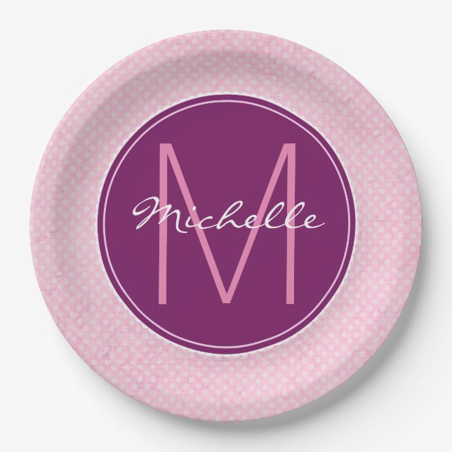 Monogram Pink Polka Dots Paper Plates (Front)