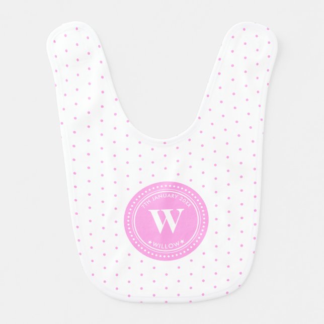 Monogram Pink Polka Dots Stripes Baby Bib (Front)