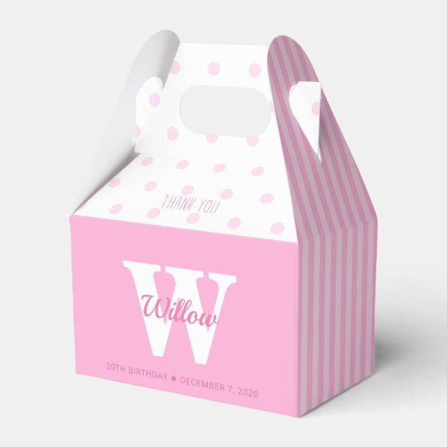 Monogram Pink Polka Dots Stripes Gable Favor Box (Front Side)