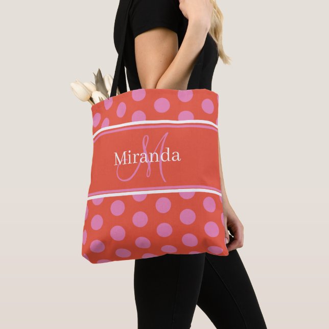 Monogram Pink Polka Dots Tote Bag (Close Up)