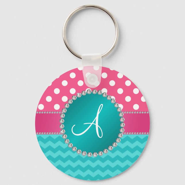 Monogram pink polka dots turquoise chevron sparkle keychain (Front)