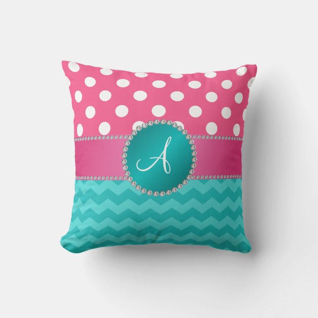 Monogram pink polka dots turquoise chevron sparkle throw pillow (Front)
