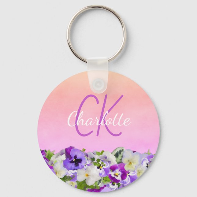 Monogram pink purple floral pansies name script keychain (Front)