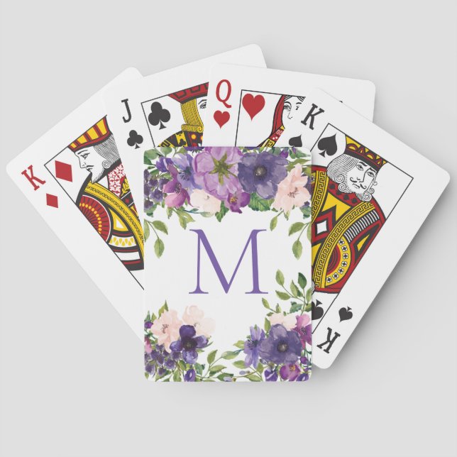 Monogram Pink Purple Floral  Poker Cards (Back)