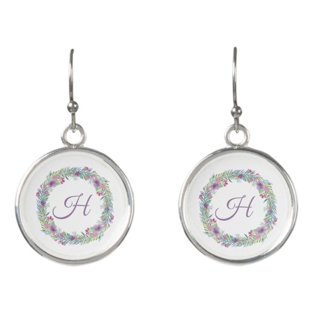 Monogram Pink Purple Green Floral Initial Earrings (Front)