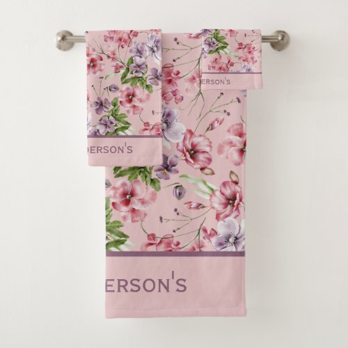 Monogram Pink Purple Rose Green Floral Greenery  Bath Towel Set
